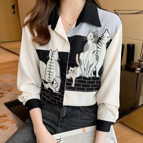 Vogue cat embroidery ladies shirts Womens Blouses New Spring Autumn Long Sleeve Shirts Tops Blusas Mujer