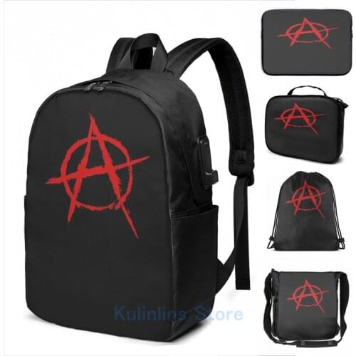 Funny Graphic print Anarchy symbol in red USB Charge Backpack men School bags Women bag Travel laptop bag