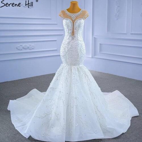 Serene Hill White Luxury Elegant Mermaid Wedding Dresses 2021 Beaded Diamond Cap Sleeves Bride Gowns HM67296 Custom Made