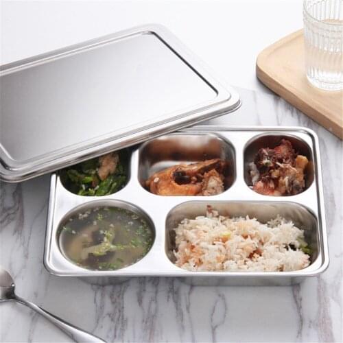 Stainless Steel Plate Food Containers Tray With Compartments Sliver Bento Lunch Boxs With Lid For Canteen Restaurant Tableware