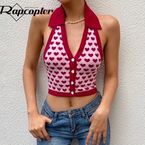 Rapcopter Heart Patchwork Camis y2k Knitwear Crop Top Fashion Streetwear V Neck Tank Top Women Summer Vintage Corset Tops Sweat