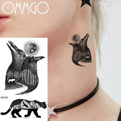 OMMGO Vintage Bird Crow Leopard Temporary Tattoos For Men Sticker Black Forest Fake Tattoo Body Art Arm Moon Tatoos Sheets
