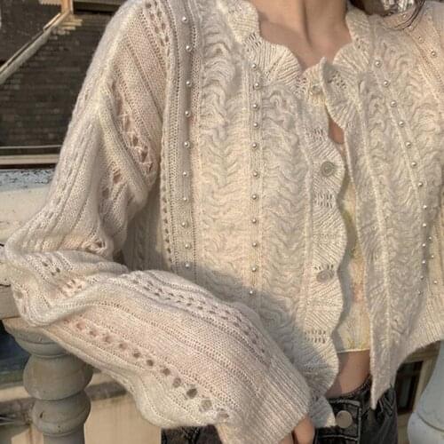 Spring New Stylish Petal Collar Beading Knitted Cardigans Chic Hollow Out Casual Retro Sweater Short Jacket Coat 2021