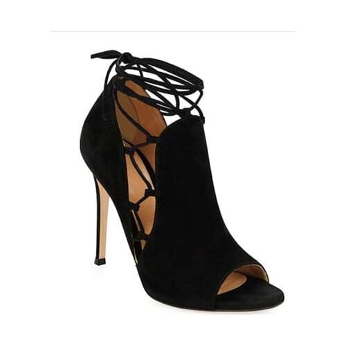Suede leather open toe women gladiator sandals high heels peep toe wedding shoes ankle straps sandals thin heel party shoes
