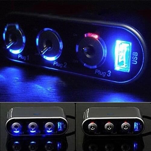New Arrival 3 Way Car Cigarette Lighter Triple Socket Splitter USB Charger with LED Light