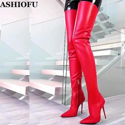 ASHIOFU Handmade Ladies Thigh High Boots Wedding Party Striper Club Dress Boots Pointy Sexy Evening Fashion Over Knee Boots