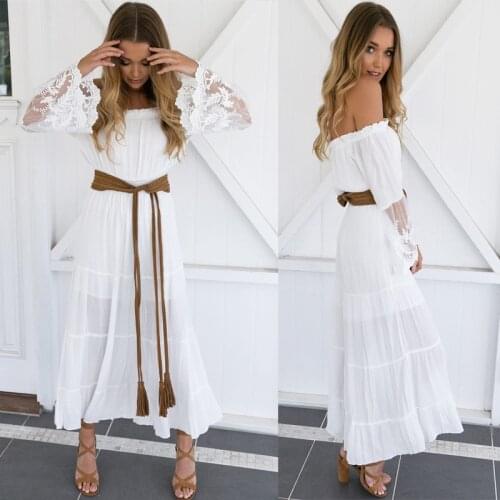 Womens Summer Sundress 2021 Lace Patchwork Sashes Party Dress Off shoulder Long Dresses Bohemian Vestidos Robe