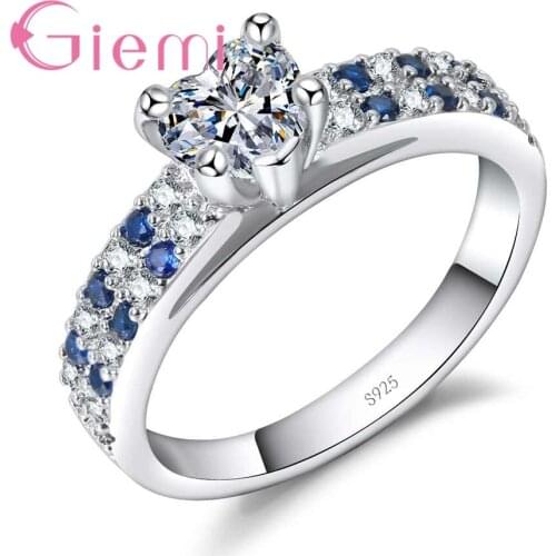 Sweet Heart Crystal Ring Micro Inaly Full White Blue Round Cubic Zircon 925 Sterling Silver Elegant Jewelry for Women
