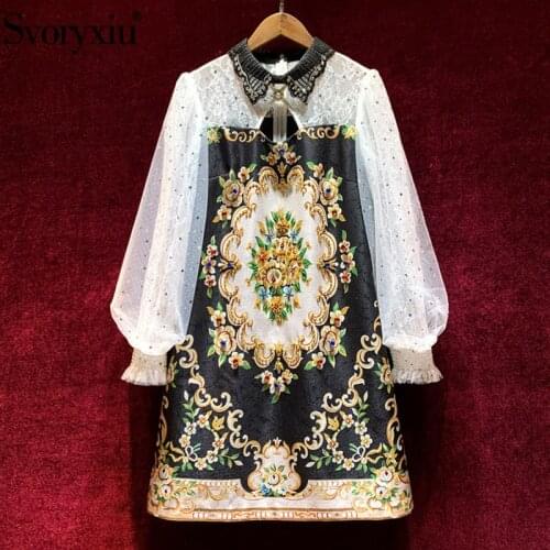 Svoryxiu 2021 Designer Autumn Lantern Sleeve Short Dress Womens Lace Embroidery Beaded Print Jacquard Black Vintage Dresses