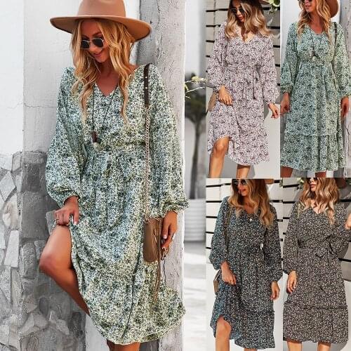 Autumn Women Dress Sexy V-Neck Print Color Floral With Belt Full Sleeve Winter Female Vestido Office Lady Chic Streetwear C3022