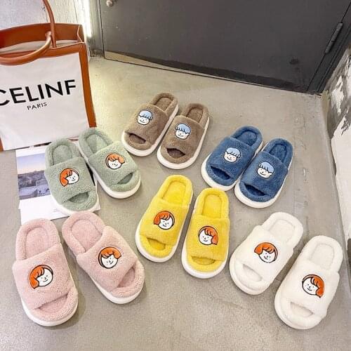 Winter Women House Slippers Faux Fur Fashion Warm Shoes Woman Slip on Flats Female Slides Couple Boy and Girl Shoes 2021 New