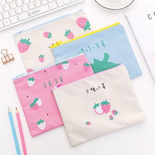 1 Pcs Kawaii Strawberry Oxford Cloth File Holder Pencil Bag School Stationery Big Capacity Zipper Pencil Case Office Supplies