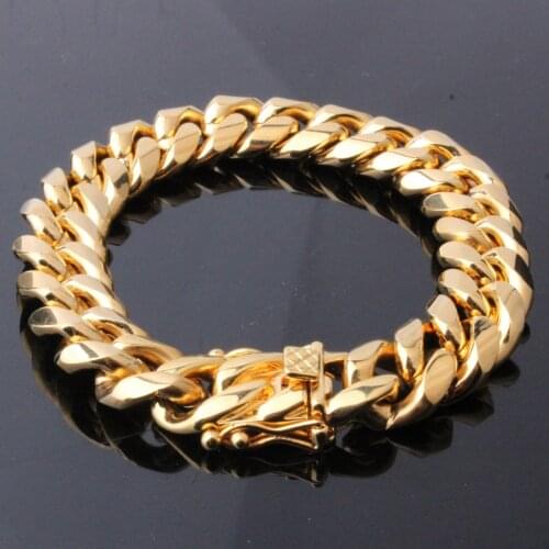 14mm Wide Fashion Hot Jewelry Gold Color Stainless Steel Miami Cuban Curb Chain Mens Boys Bracelet Bangle 7"-11" High Quality