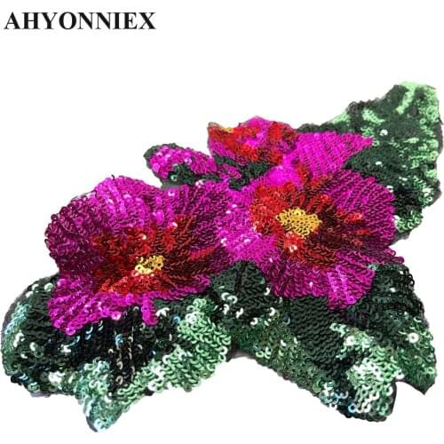 AHYONNIEX New Fashion Red Sequins Flower Patch DIY Applique Floral Patches For Clothing Bag Dress Sew On Patches 23.5cm x 16cm