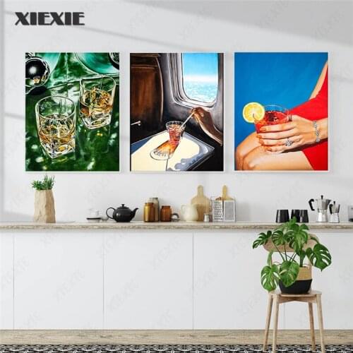 Wine Glass Art Print Refreshing Green Wine Glass Canvas Painting Poster Red Dress Sexy Girl Wall Picture Living Room Decoration