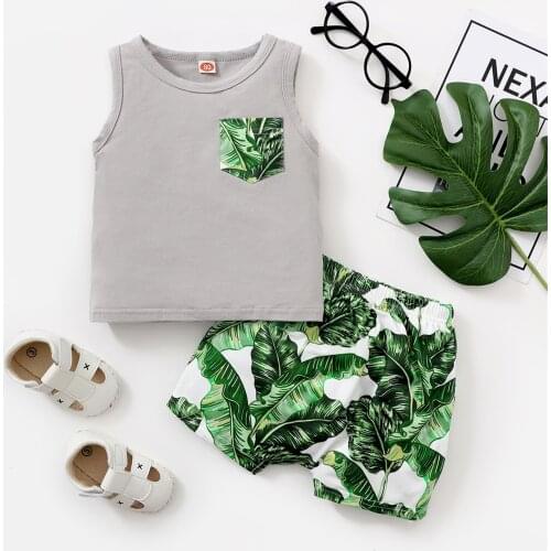 Children Clothes Suit Childrens Leaf Printed Round Neck Sleeveless Pocket Tank Top + Leaf Printed Shorts Set Baby Boy Clothes