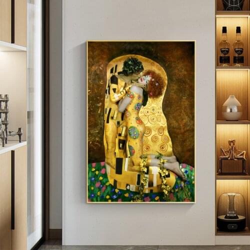 Classic Artist Gustav Klimt Kiss Abstract Oil Painting on Canvas Print Poster Modern Art Wall Pictures for Living Room Cuadros