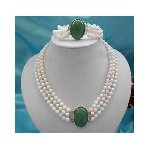 NEW jewelry choker natural pearl jewelry 3Rows 7-8mm White Pearl + gem clasp necklace bracelet Bridal -jewelry