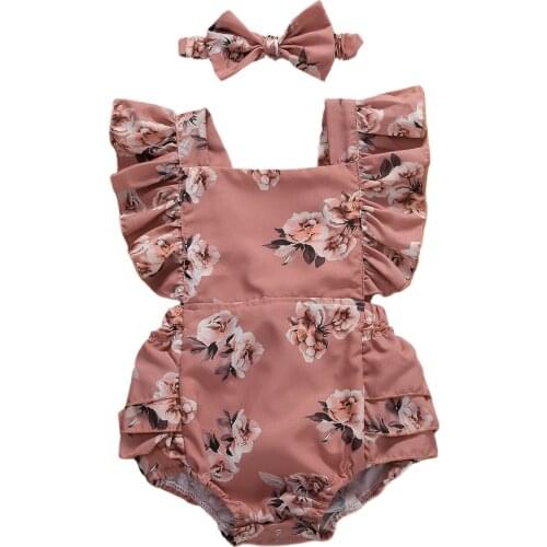 2PCS Summer Toddler Baby Girls Clorthes Romper Flowers Print Ruffles Sleeve Jumpsuits Headband Outfits 0-24M