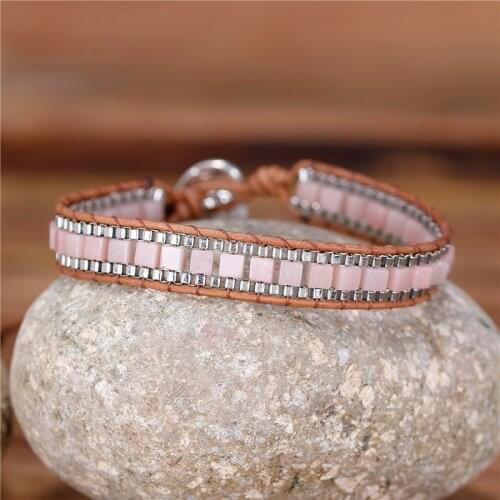 Natural Stone Leather Wrap Bracelet Square Pink Crystal Bead Cuff Bracelets Yoga Chain Bangle Jewelry Wholesale Dropshipping