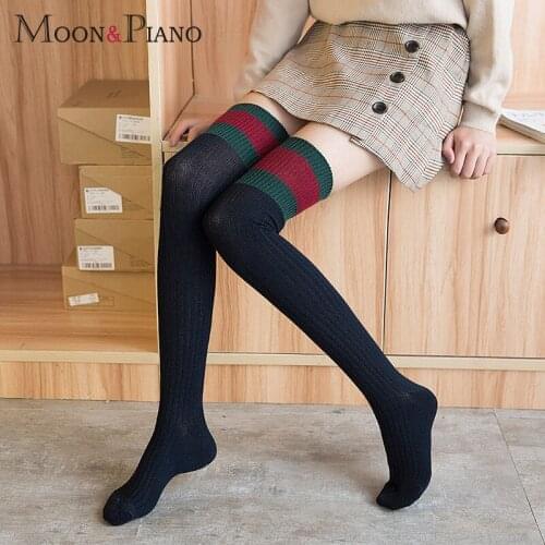 Fashion Trend Womens Over the Knee Long Stocking Sexy Three Color Matching Striped Thin Boots Leg Stocking Casual Cotton Female