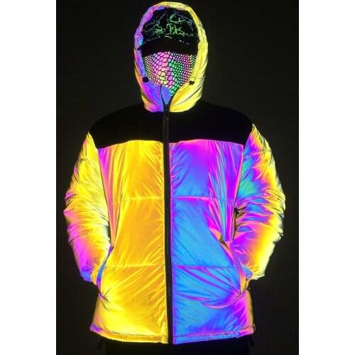 2021 Mens Winter Yellow Stitching Colorful Reflective Cotton Jacket Teen Fashion Street Hip Hop Casual Cotton-Padded Coat