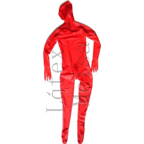 Mens red color latex catsuit hoods full cover latex zentai open eyes and nostrils attached crotch,head and shoulder 3 zippers