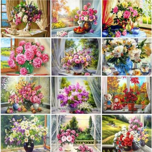 AZQSD Painting By Numbers Flowers Drawing On Canvas Oil Painting By Numbers Home Decor Frameless Hand Paint Kit