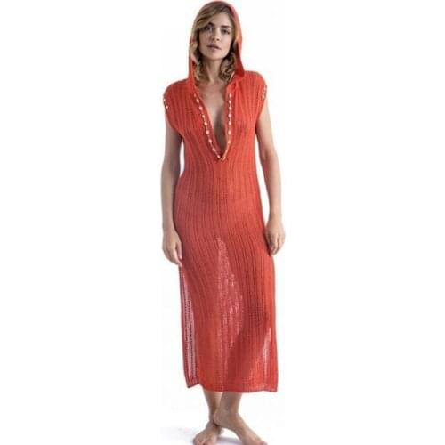 Cover-Ups 2021 Sexy Deep V-Neck Hoodie Knitted Summer Beach Dress Long Crochet Tunic Swim Suit Cover Up Women Robe de plage Q749