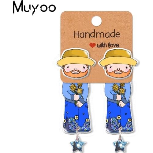 New Arrival Kawaii Cartoon Famous Painter Van Gogh Starry Night Sunflower Graffiti Epoxy Acrylic Resin Stud Earrings