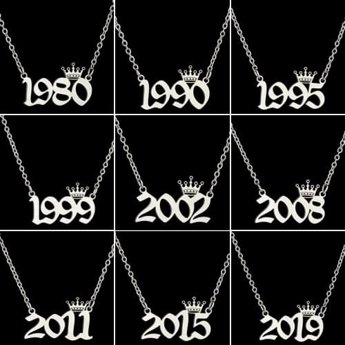 Personalize Old English Year Number Pendant Necklace Women Birthday Jewelry Unique Queen Charm Necklaces Gold Ketting 1980-2019