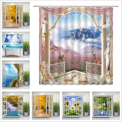 Sunflower Flowers Shower Curtains Four Seasons forest Scenery Green leaf plant Bathroom Decor Home Bathtub Polyester Cloth Set