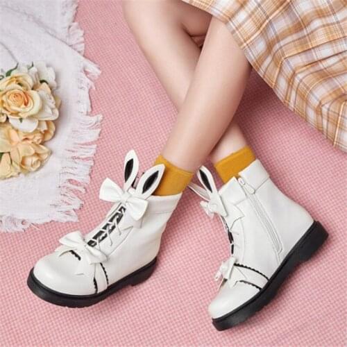 PXELENA 2021 Rabbit Cute Girls Lolita Martin Boots Low Heels Butterfly-knot Princess Winter Shoes Women Plus Size 34-43 Cosplay