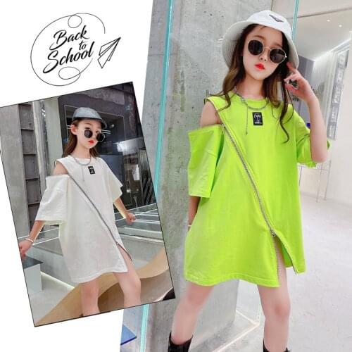 Girls net red top 2021 summer new loose design sense zipper split mid-length short-sleeved t-shirt