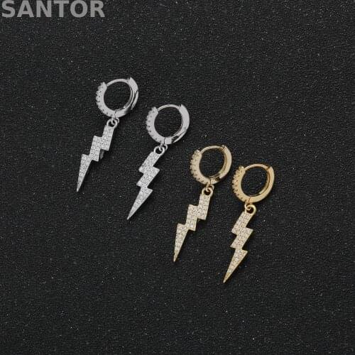 Punk Geometric Lightning Hoop Earrings Hip Hop Ice Out Gold Plated Drop Hoop Earrings For Men Women Jewelry Gift