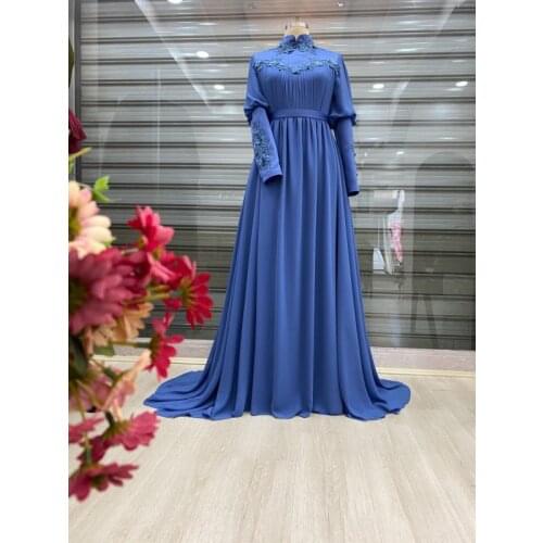 Royal Blue Chiffon Long Sleeve Muslim Prom Dresses 2021 High Neck A Line Appliques Formal Evening Party Gowns Saudi Arabia Robe