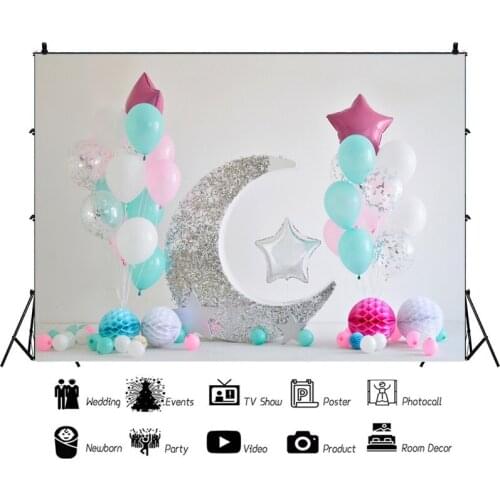 Balloon Sliver Moon Toy Star Portrait Photography Backdrop One Year Birthday Party Photo Background Vinyl Photocall Booth Props
