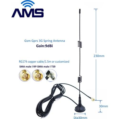 AMS Factory Wholesale External 3g Whip Spring Aerial High Gain 9dBi Omni Sucker Base 900/1800Mhz Omni Gsm Gprs SMA/TS9 Antenna