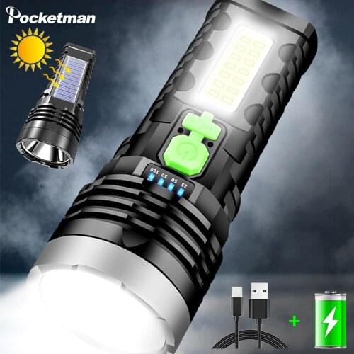 High Lumen USB/Solar Charging Flashlight Built-in Battery Torch with COB Side Light Solar Flashlights Waterproof Camping Lamp