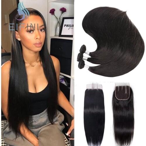 Closure with Bundles Remy Brazilian Silky Straight Human Hair Bundle with Lace Closure Eifini Hair 4x4 Closures With 3 Bundles