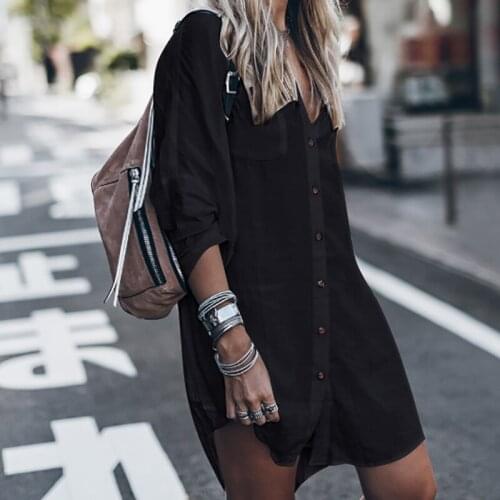 Women Long Blouse V-neck button loose tunic shirt high long sleeve black white Blouses shirts fall spring clothing for women