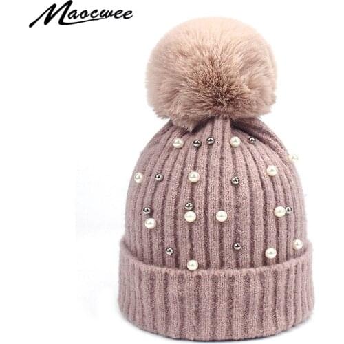 Womens Pom Pom Pearl Beanie Hat Spring Casual Polyester Shine Rhinestones Beanies For Women Skull Hats Bonnet Cap Skullies