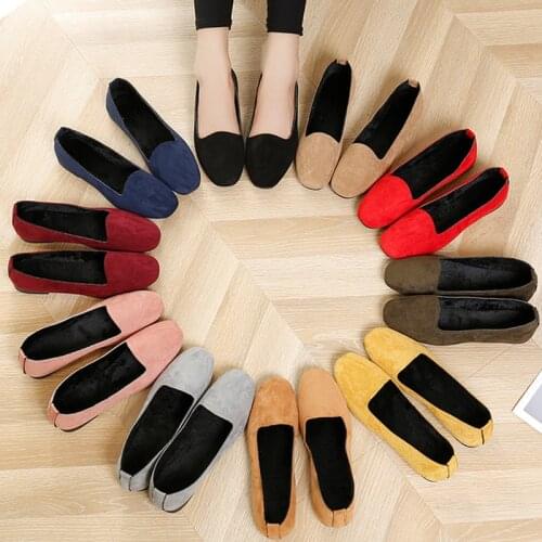 2020 Winter Women Flats Plush Loafers Warm Slip on Flat Shoes Square Toe Woman Shoes Black Boat Shoes Ladies 6953 Big Size 35-42