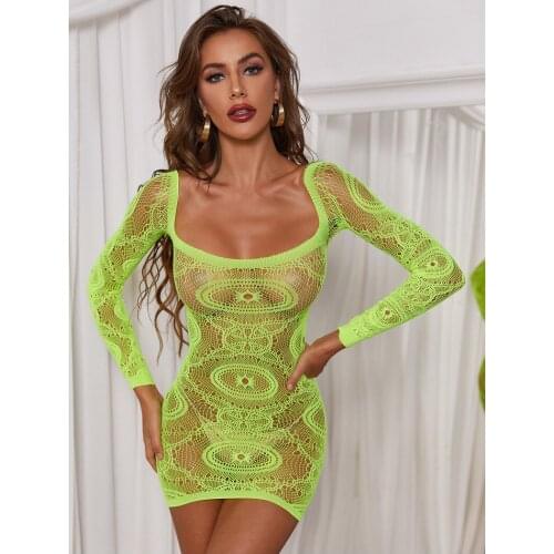 Ladies Summer Sexy Nightwear Women Fashionable Hollow Perspective Mesh Long Sleeve Backless Short Hip Skirt Nightdress