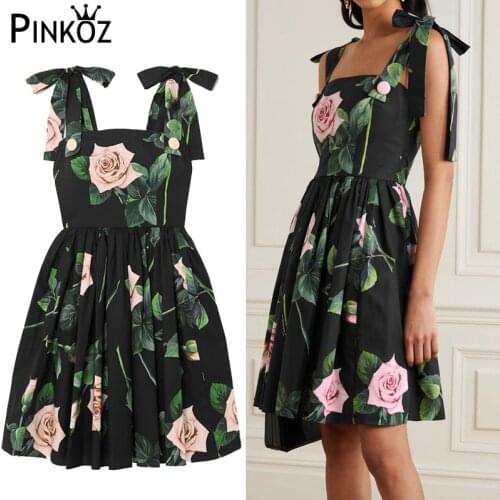 Pinkoz Designer Style Rose Flower Mini Dress Summer Womens Dress Rose Floral-Print Black Party Birthday Vacation Dresses Robe