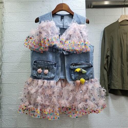Summer Vest Women Pink Lace Embroidery Mesh Stitching Denim Coat Girls Ladies Casual Streetwear Sleeveless Waistcoat Top