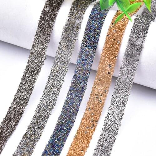 1 Yard Beaded Lace Trim with Strass Rhinestone Iron on Applique Ribbon Tape for Dress Belt Headband DIY Decoration 1CM Width
