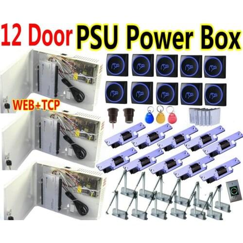 12 Door PSU Big Power Supply Box+Network Access Controller card panel+New RFID access readers+Strike lock+Door Closer+Magnetics
