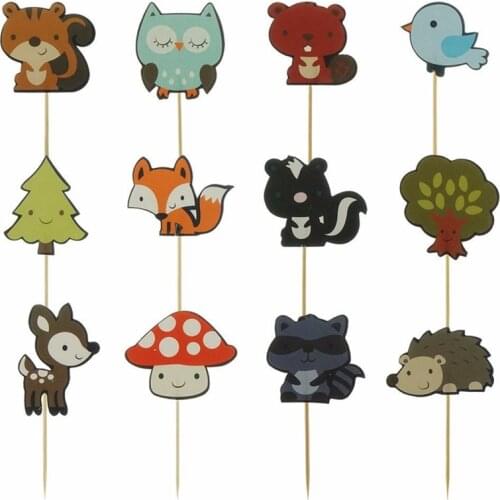 12pcs Forest Animal Cupcake Topper Fox Owl Birds Happy Birthday Cake Topper For Baby Shower Kids Birthday Party Cake Decorations