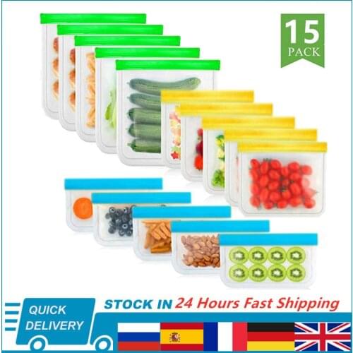 BEEMAN 15pcs Silicone Food Bag Frosted PEVA Reusable Food Storage Bag Top Leak-Proof Food Freezer Bag Kitchen Fresh-Keeping Bag